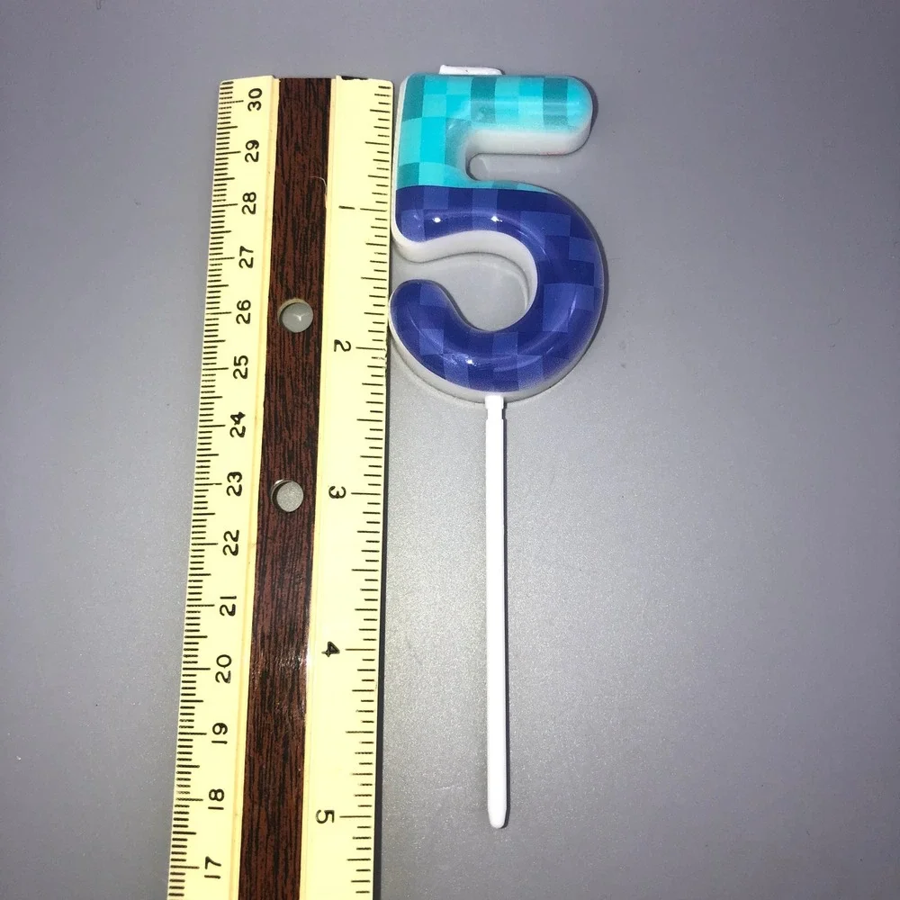 Pixel Gamer‎ Birthday Candle Number # 5 Blue Checkered Cake Topper Gaming Party